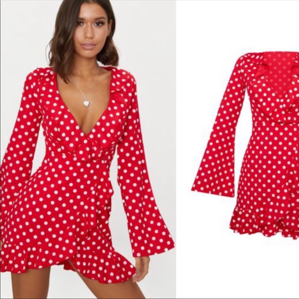 Red Polka Dot Faux Wrap Dress